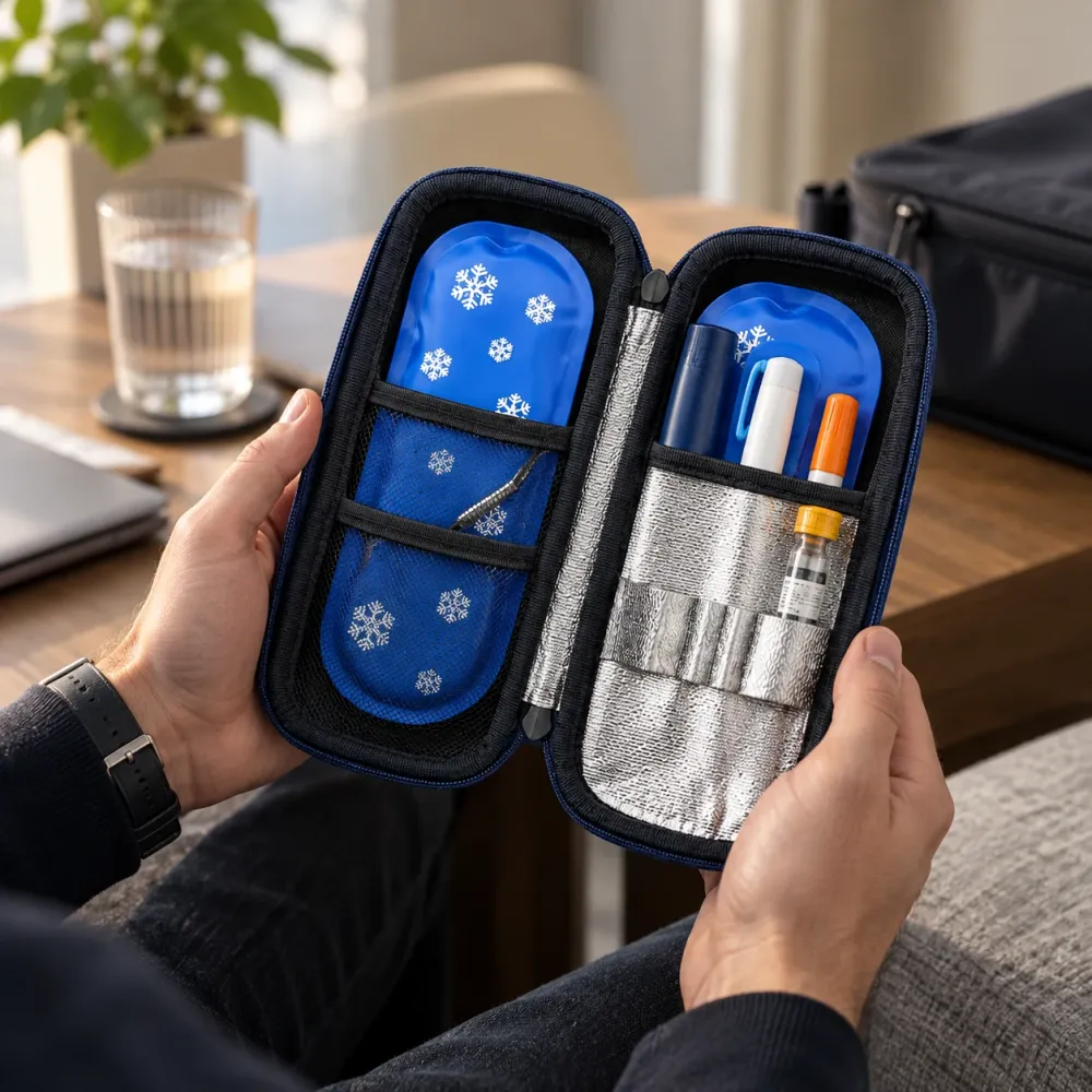 Hands holding the open navy case at home: two ice packs, pens and a vial